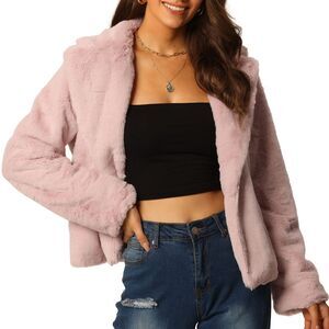 Winter Cropped Notch Lapel Long Sleeve Faux Fur Fluffy Coat Dusty Pink